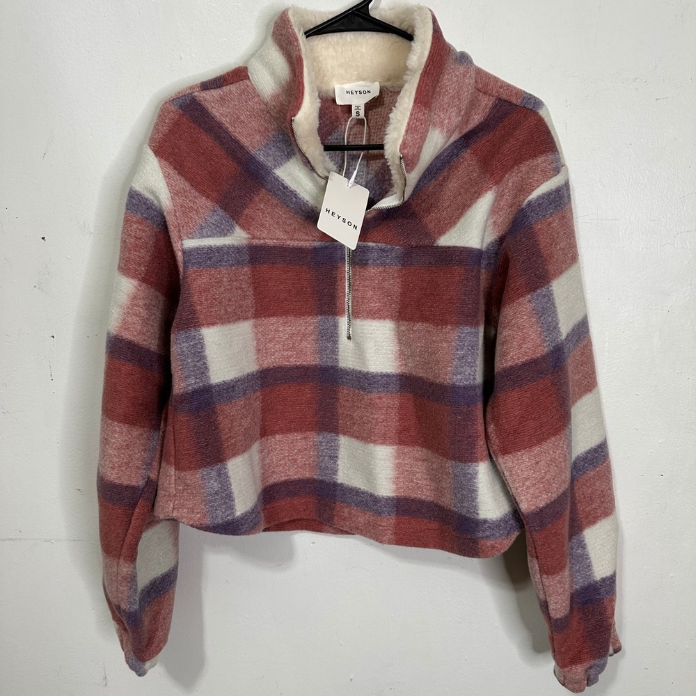 Heyson Pink Purple Plaid Cropped Quarter Zip Fleece Pullover LT1049 NWT Womens S